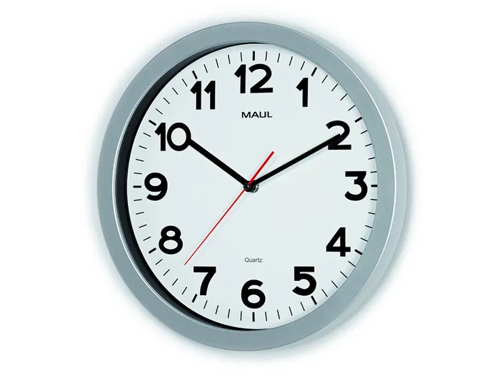 Maul Reloj de Pared Redondo Eléctrico 35 cm Diámetro, Marco de Plástico Irrompible, Cristal Mineral, Color Plata