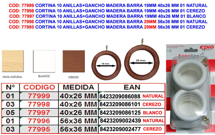 Cortina 10 Anillas + Gancho Madera Barra 19mm 40x26 mm 03 Cerezo Cortina 10 Anillas + Gancho Madera Barra 19mm 40x26 mm 03 Cerezo