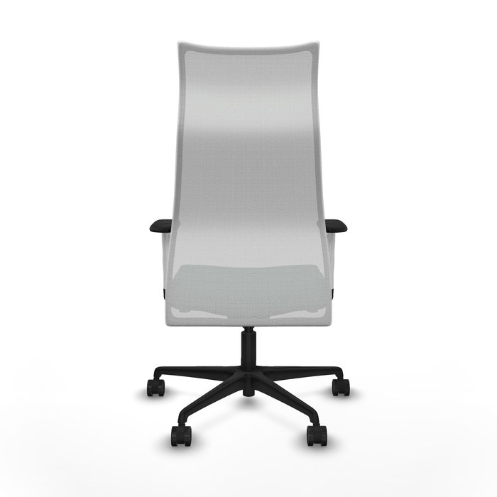 Sillón Albacete con mecanismo Sincro tapizada con Tela color Verde botella y malla color Blanco. Equipado con Base nailon negra, Brazos 1D y Ruedas 65mm nailon