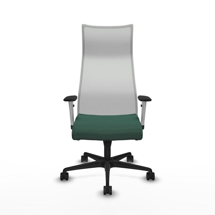 Sillón Albacete con mecanismo Sincro tapizada con Tela color Verde botella y malla color Blanco. Equipado con Base nailon negra, Brazos 1D y Ruedas 65mm nailon