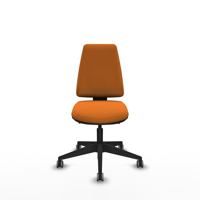 Silla de oficina Elche con mecanismo Asincro tapizada con Similpiel color Naranja. Equipada con Base piramidal negra, Sin brazos y Ruedas 65 mm parqué