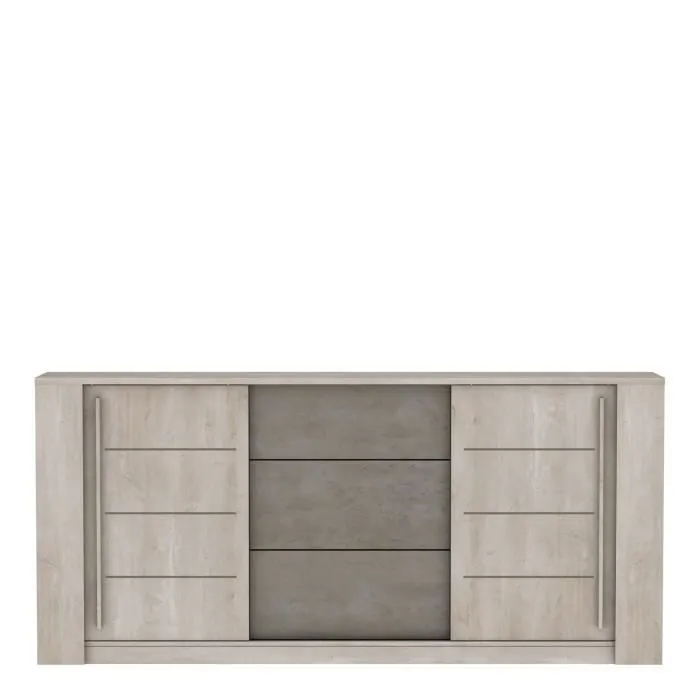 Aparador ANTIBES 2 puertas correderas + 3 cajones - Decoración roble champán y hormigón beige - L206 x P44,9 x H94 cm - DEMEYERE