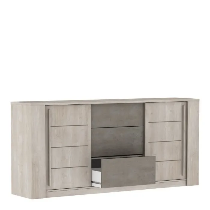 Aparador ANTIBES 2 puertas correderas + 3 cajones - Decoración roble champán y hormigón beige - L206 x P44,9 x H94 cm - DEMEYERE