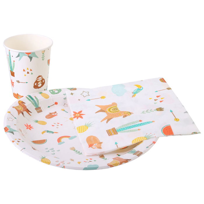 Party Time Juego de Maletín Cumpleaños para 10 Personas con 20 Servilletas, 10 Vasos y 10 Platos, Diseños Unicornio y Perezoso