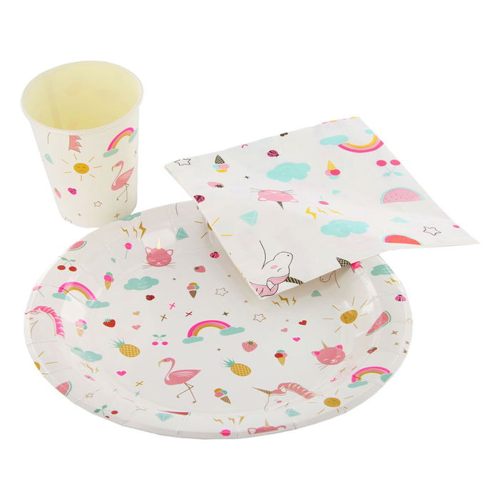 Party Time Juego de Maletín Cumpleaños para 10 Personas con 20 Servilletas, 10 Vasos y 10 Platos, Diseños Unicornio y Perezoso