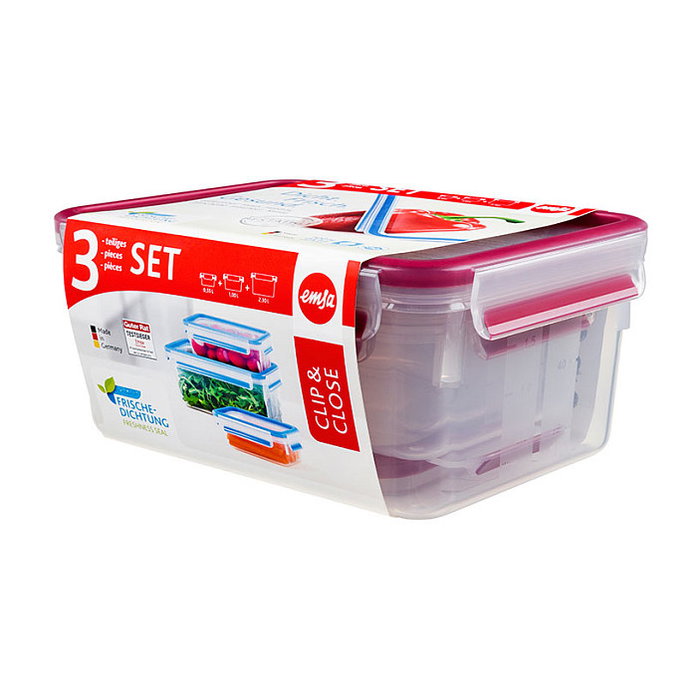 Emsa 508566 - Set de 3 Frischhaltedosen Clip & Close, Rectangular, Transparente, BPA Free, TPE, Apto Lavavajillas y Microondas, 167 * 226 * 99 mm
