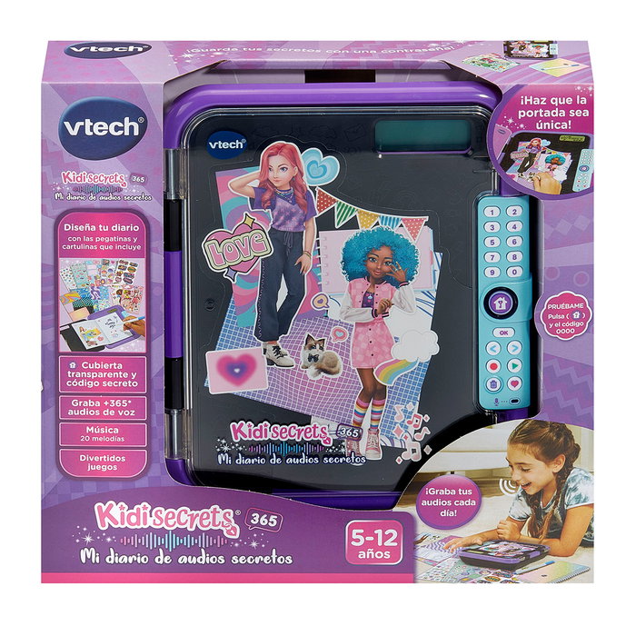 V-TECH Kidisecrets 365 Mi Diario de Audios Secretos Negro - Diario Personalizable con Grabación de Voz, Código Secreto, +5 Años