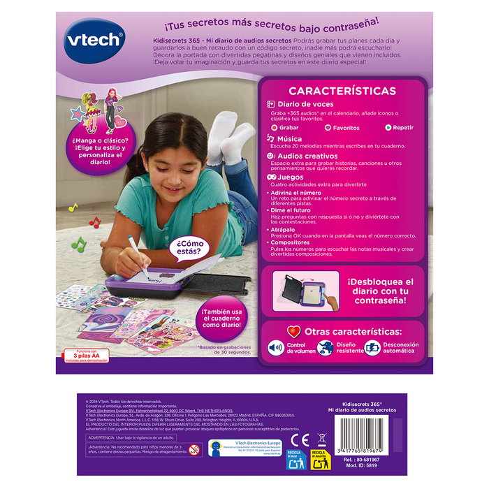 V-TECH Kidisecrets 365 Mi Diario de Audios Secretos Negro - Diario Personalizable con Grabación de Voz, Código Secreto, +5 Años