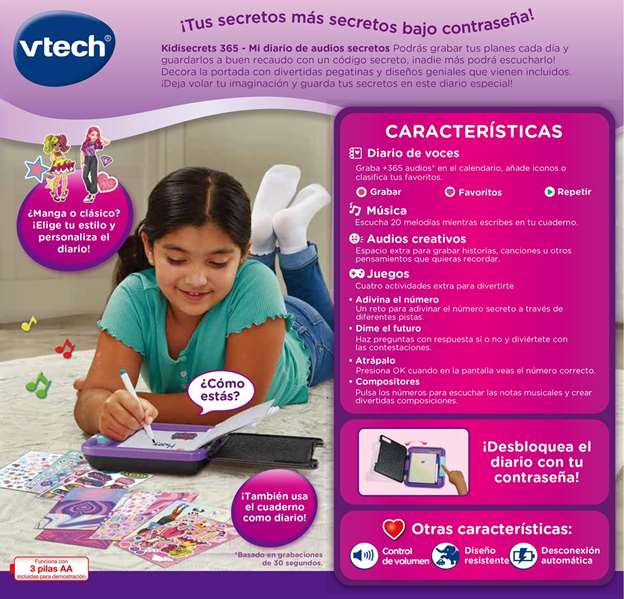 VTech Kidisecrets 365 Mi Diario de Audios Secretos Negro, Diario Personalizable para Grabar Nota de Voz por Día, para Niños 5 a 12 Años