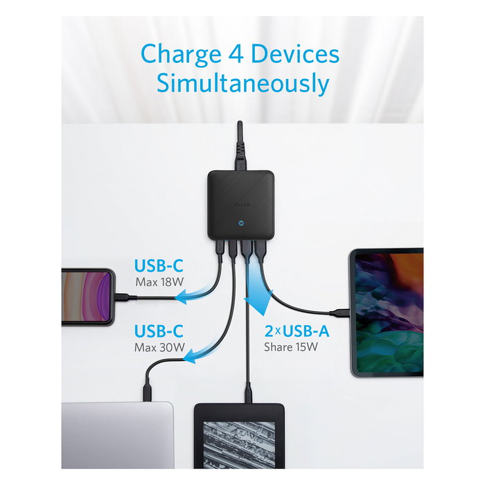 Anker 543 PowerPort Atom III Cargador 65W 4 Puertos GaN 1x USB-C 45W 1x USB-C 20W 2x USB-A Negro