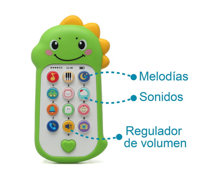KioKids Teléfono Musical Dinosaurio para Bebés con Sonidos y Melodías, Juguete Interactivo +6 Meses, Verde