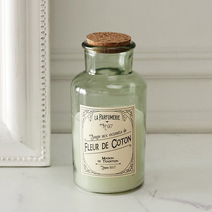 Home Deco Factory Vela Perfumada Apothicaire Flor de Algodón Ámbar Almizcle Blanco Botella Vidrio Tapón Corcho 17 cm