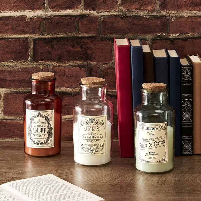 Home Deco Factory Vela Perfumada Apothicaire Flor de Algodón Ámbar Almizcle Blanco Botella Vidrio Tapón Corcho 17 cm