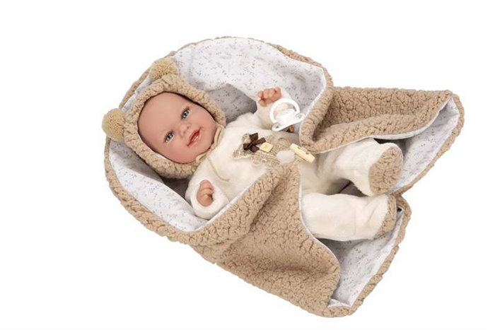Muñecas Arias Muñeca Elegance Babyto marrón con manta (muñeco de peso) 35 cm cuerpo blando