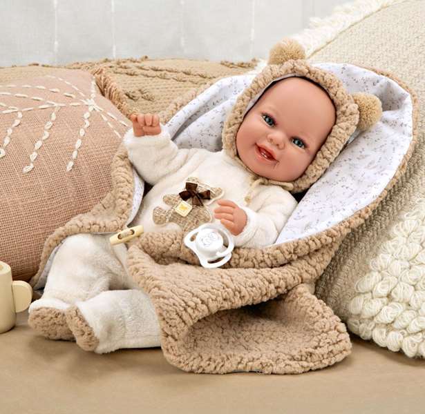 Muñecas Arias Muñeca Elegance Babyto marrón con manta (muñeco de peso) 35 cm cuerpo blando