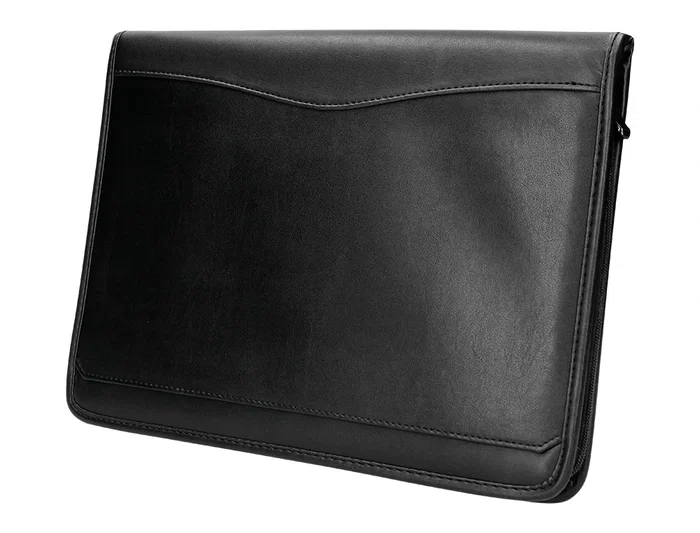 Q-connect Carpeta Portafolios con Cremallera, Calculadora y Bolsa para Móvil, Plástico tacto Piel, 260x355 mm, Negro