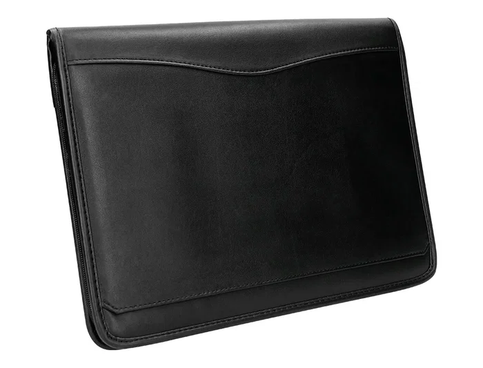 Q-connect Carpeta Portafolios con Cremallera, Calculadora y Bolsa para Móvil, Plástico tacto Piel, 260x355 mm, Negro