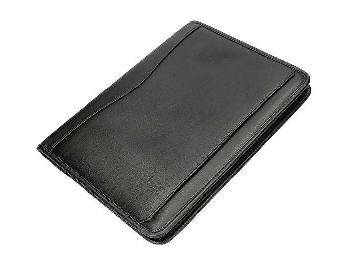 Q-connect Carpeta Portafolios con Cremallera, Calculadora y Bolsa para Móvil, Plástico tacto Piel, 260x355 mm, Negro