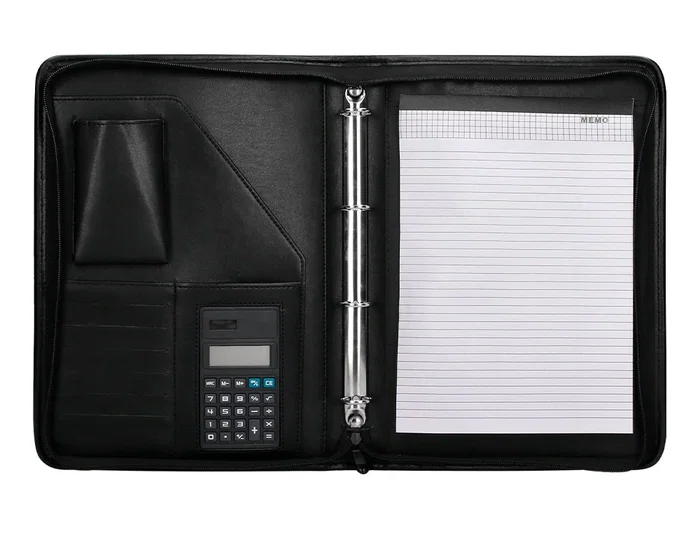 Q-connect Carpeta Portafolios con Cremallera, Calculadora y Bolsa para Móvil, Plástico tacto Piel, 260x355 mm, Negro