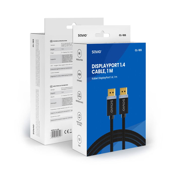SAVIO Cable DisplayPort 1.4 1m Negro Textil