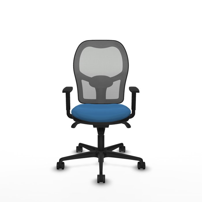Silla de oficina Jorquera con mecanismo Sincro tapizada con Similpiel color Azul claro y malla color Gris. Equipada con lumbar 1D, Brazos 1D y Ruedas 65mm nailon