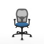 Silla de oficina Jorquera con mecanismo Sincro tapizada con Similpiel color Azul claro y malla color Gris. Equipada con lumbar 1D, Brazos 1D y Ruedas 65mm nailon