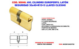 Europerfil Cilindro de Seguridad AVL 30x40 R15+5 Llave CLS3040