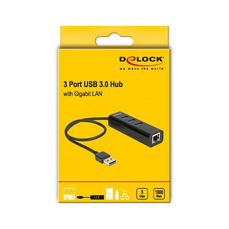 DeLOCK Hub USB 3.0 con 3 Puertos y 1 Puerto Gigabit Ethernet LAN 10/100/1000 Mbps, USB 3.2 Gen 1, USB Type-A, Negro