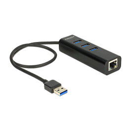 DeLOCK Hub USB 3.0 con 3 Puertos y 1 Puerto Gigabit Ethernet LAN 10/100/1000 Mbps, USB 3.2 Gen 1, USB Type-A, Negro