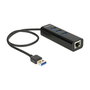 DeLOCK Hub USB 3.0 con 3 Puertos y 1 Puerto Gigabit Ethernet LAN 10/100/1000 Mbps, USB 3.2 Gen 1, USB Type-A, Negro