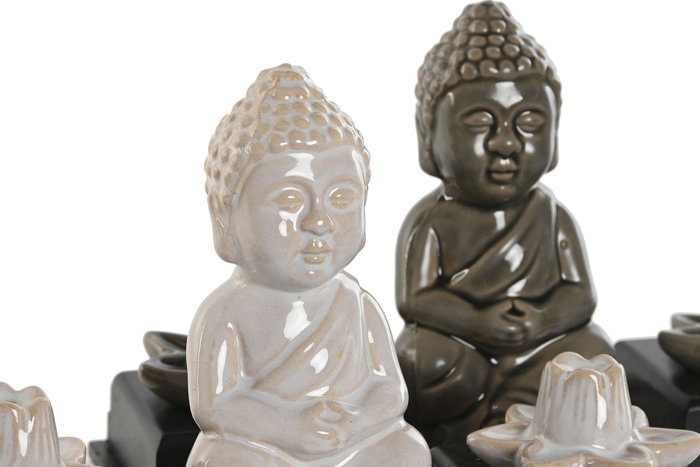 DKD Home Decor Soporte Incienso Oriental Buda Gris Blanco Cerámica MDF 24 x 8 x 14 cm (2 Unidades)
