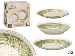 Vessia Vajilla 12 Piezas Patinada Verde, Cerámica, Plato Grande 27x27x3 cm y Plato Hondo 20x20x4.5 cm, Dimensiones 27x15x27 cm (Set de 2)