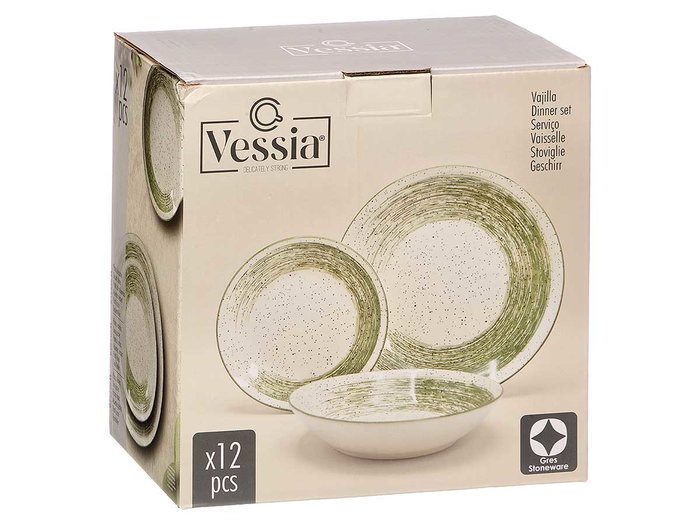 Vessia Vajilla 12 Piezas Patinada Verde, Cerámica, Plato Grande 27x27x3 cm y Plato Hondo 20x20x4.5 cm, Dimensiones 27x15x27 cm (Set de 2)