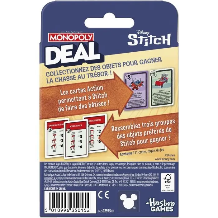 Hasbro Gaming Monopoly Deal Stitch, Juego de Cartas Rápido 15 Minutos, A Partir de 8 Años