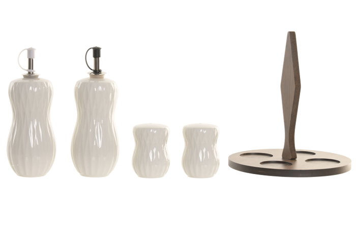 DKD Home Decor Pengjia 25 Aceitera Vinagrera Set de 4 Porcelana Bambu Blanco Marron Oscuro 17 x 19 x 17 cm