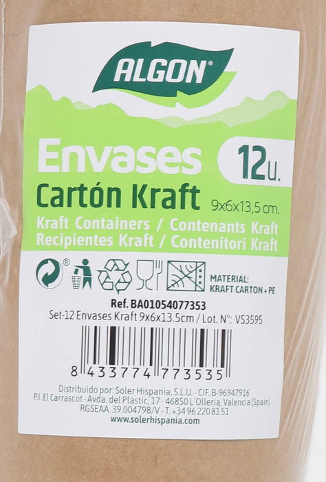 Algon Set 12 Envases Kraft 9 x 9 x 13.5 cm (24 Unidades)