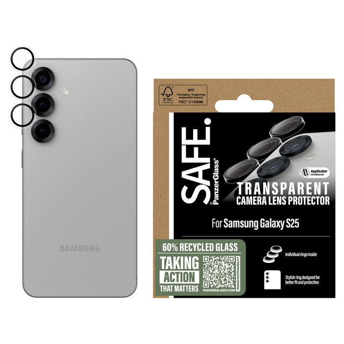PanzerGlass Protector de Lente de Cámara SAFE para Samsung Galaxy S25 | Compatible con Galaxy S25 | Vidrio Templado con Aplicación en Seco | Transparente, 1 pieza