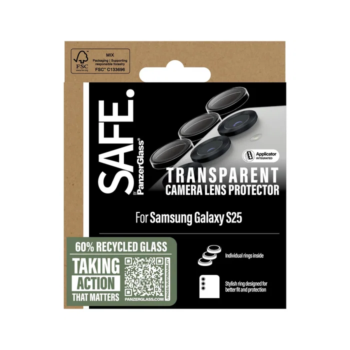 PanzerGlass Protector de Lente de Cámara SAFE by Transparente para Samsung Galaxy S25, Vidrio Templado con Aplicación en Seco, Resistente a Rayones y Golpes, 1 Unidad