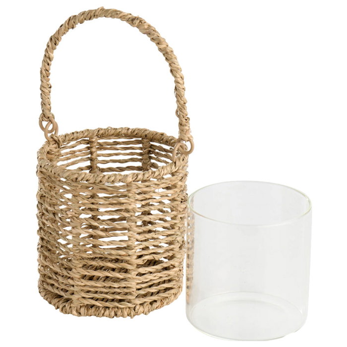 Dae Farolillo Cesta Portavelas con Vaso de Vidrio y Pasto Marino - Diseño Artesanal con Asa - Decoración para Mesa - Ø12,5x12,5 cm