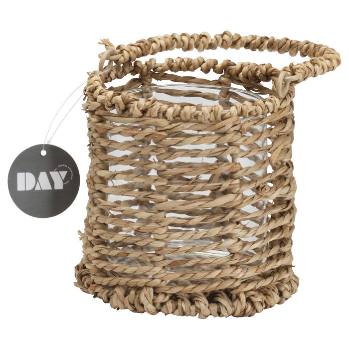 Dae Farolillo Cesta Portavelas con Vaso de Vidrio y Pasto Marino - Diseño Artesanal con Asa - Decoración para Mesa - Ø12,5x12,5 cm