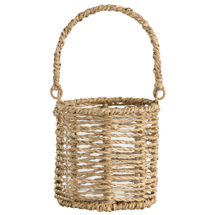 Dae Farolillo Cesta Portavelas con Vaso de Vidrio y Pasto Marino - Diseño Artesanal con Asa - Decoración para Mesa - Ø12,5x12,5 cm