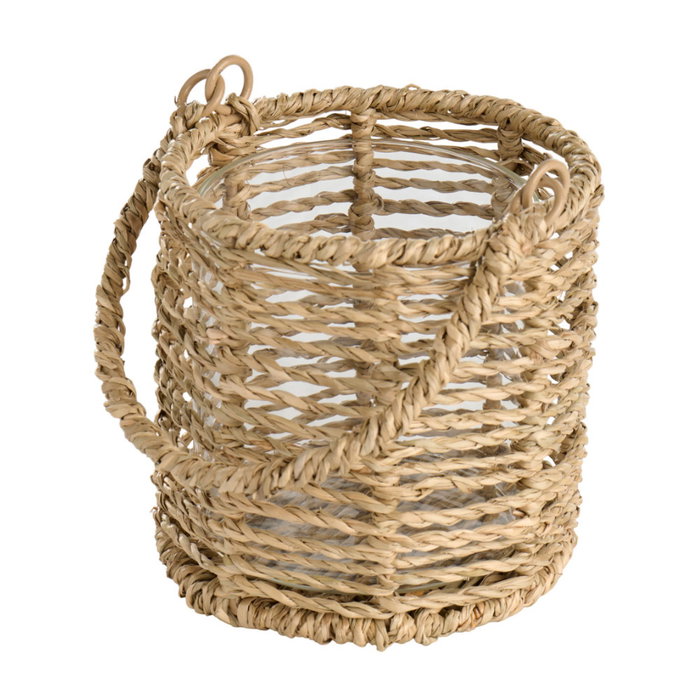 Dae Farolillo Cesta Portavelas con Vaso de Vidrio y Pasto Marino - Diseño Artesanal con Asa - Decoración para Mesa - Ø12,5x12,5 cm