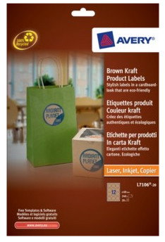 Avery L7106-20 Paquete 20 Hojas Etiquetas Redondas Papel Kraft Efecto Cartón 60 Mm Para Impresoras Láser Inkjet