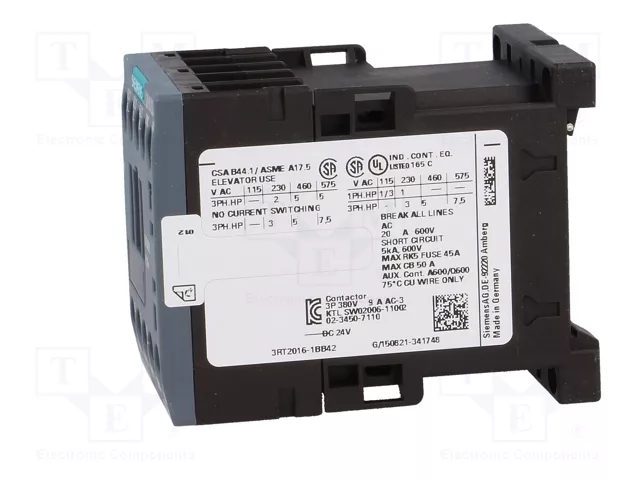 Siemens 3RT20161BB42 Schtz AC-3 4kW/400V 1 24VDC 3p S00 Siemens 3RT20161BB42 Schtz AC-3 4kW/400V 1 24VDC 3p S00