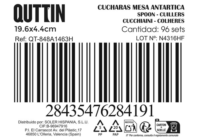 Inde Set 3 Cucharas de Mesa "Antartica" 2 mm - Piezas: 19.6 x 4.4 x 1.8 cm (12 Cajas)