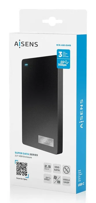 Aisens ASE-2541B Caja Externa para Disco Duro 2.5 SATA a USB-C USB 3.1 Gen 1, Negra