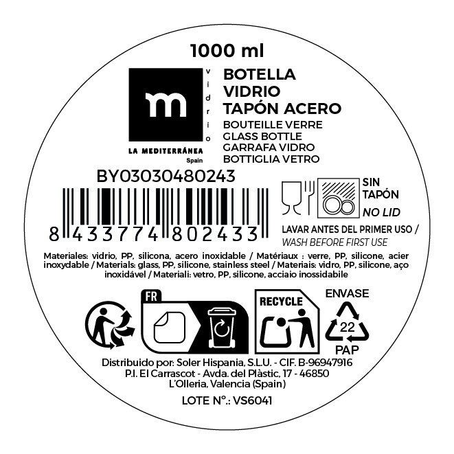 La Mediterranea Botella de Vidrio con Tapa de Acero 1000ml