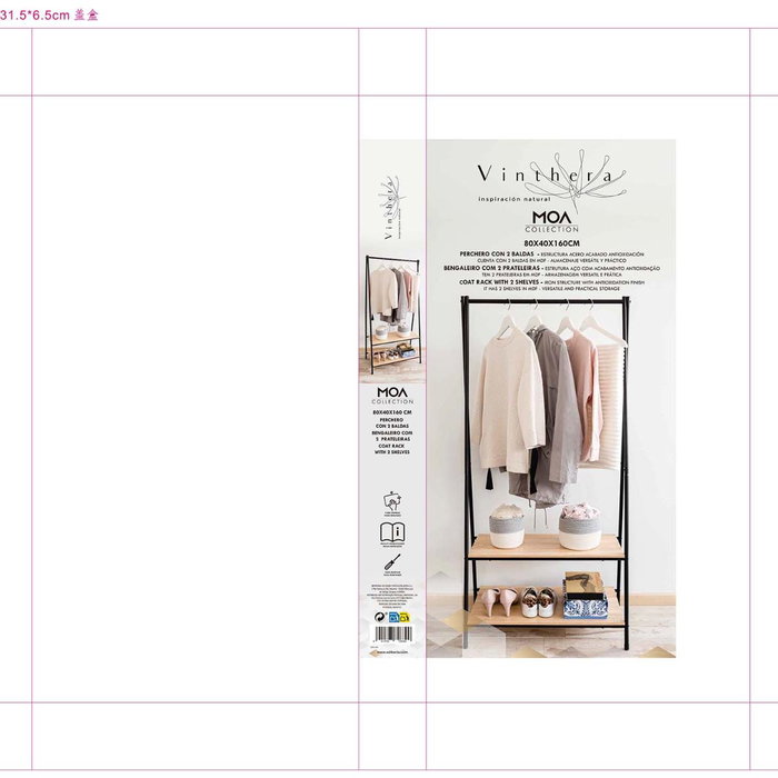 Perchero con Dos Baldas Acero y Madera Moa Vinthera 40,5x80x160 cm (2 Unidades)