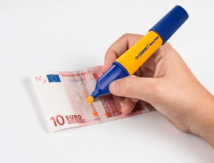 Q-connect Rotulador Detector de Billetes Falsos, Trazo 2-5 mm, Punta Biselada, Fiabilidad 99.9%