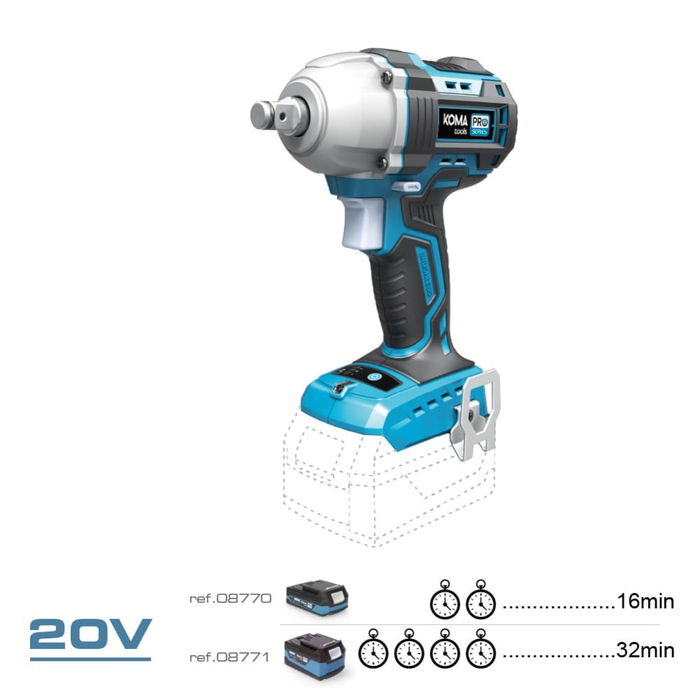 Koma Tools Llave de Impacto Brushless 20V, Par Máximo 450Nm, Portaherramientas 1/2", 0-2300rpm, 3400ipm, Luz LED, Kit Básico (Sin Batería/Cargador)